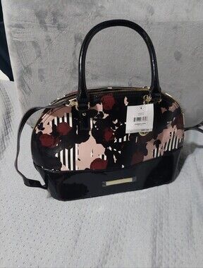 Anne Klein Patent Floral Dome Satchel Handbag - Black & Blush